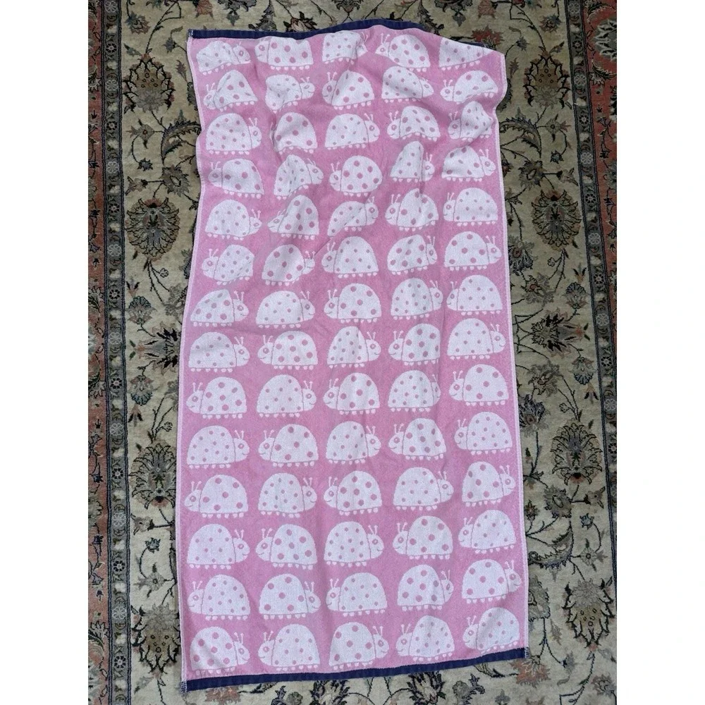 VTG Pottery Barn Kids Ladybug Beach Towel Pink Navy Blue Trim 2017
